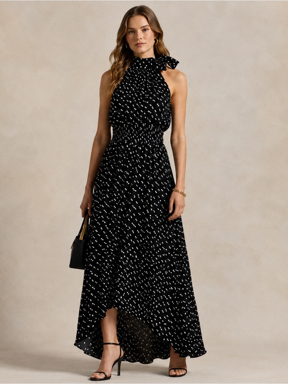 Ralph Lauren Black Halter High-Low Maxi Dress White Dot Print Size 10 High Low